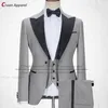 Erkekler 2024 Erkekler için Terzi Yapımı Gri Slim Fit Groom Groomsman Düğün Smokin Zarif Koyu Altın Blazer Yelek Pantolon 3 PCS Set