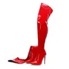 Laarzen Dames Rood Over De Knie Puntschoen Stiletto Glanzend Leer Sexy Dames Grote Omtrek Dames 220906