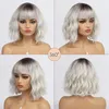 Wigs HAIRJOY Short White Silver Wigs for Women Ombre Black and Grey Curly Wig with Bangs Synthetic Hair