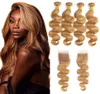 Honey Blonde Color Body Wave Hair Unprocessed Brazilian Human Virgin Hair 3 Bundles Deals with 44 Lace Closure 27 Color Light Bl4738895