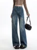 Jeans pour femmes Cargo Femmes Denim Pantalon Bleu Taille haute Streetwear Plus qu'une poche Mode Vintage Pantalon large jambe droite