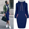 Sukienki swobodne bikoole jesna zima o szyja długie slevee sznurka damska 2024 fahsion solid bodycon kieszeń kieszonkowy bluza bluzy bluzy