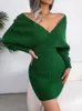 Sonbahar Kış Sweater Elbise Moda Seksi V-Neck Batwing Kollu Yüksek Bel Örme Paket Kalça Güzlüğü Partisi Sıcak