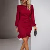 Casual Dresses Solid Color Elegant Party For Women Autumn Bodycon Ruffle Puff Sleeve Hip Wrap Skirts Simple Irregular Slim Gowns