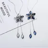 Pendant Necklaces Women Sweater Necklace Flower Blue Gray Crystal Oval-shaped Petal Silver Plated Metal Chain