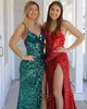 Paljett prom klänning 2k24 klippt glas speglar pärla monterad bodice lady girl pageant klänning formell parti bröllop gäst röd capet runway svartband gala hoco hög slits teal silver