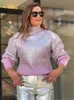 Sparkling Metal Gradient Color Knit Sweater Women Fashion High Collar Long Sleeves Pullover Tops Elegant Female Streetwear 240104