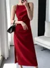 Casual Dresses Korean Summer Elegant Slim Red Sleeveless Midi Dress Office Lady Fashion Spaghetti Straps Bodycon Split Clothes Women