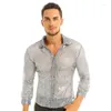 Men's Dress Shirts Shiny See Through Mesh Long Sleeve Clubwear For Night Party Show Dancing Performance Top Shirt