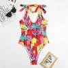 Use traje De baño negro con lazo en los hombros para mujer, trajes De baño Vintage De una pieza con cuello Halter, traje De baño Sexy anudado, ropa De playa De verano, Maillot De Bain