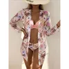 Floral Low Waist Bikini Set Cover Up Swimsuit For Women Push Up Long Sleeve Three Pieces Swimwear Beach Bathing Suits 240103