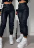 Y2K Винтажные женские элегантные уличные брюки в стиле Харадзюку, черные брюки-карго, мотоциклетные брюки-шаровары из искусственной кожи с высокой талией, одежда для бега 240104