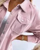 Chaquetas de mujer Abrigo casual 2024 Ropa de otoño Diseño de bolsillo de pana rosa Cuello vuelto Manga larga abotonada