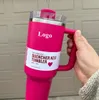 DHL Cosmo Parade Roze Rood Doel Met 1:1 Logo H2.0 40oz roestvrijstalen bekers met siliconen handvat Deksel en rietje Reisautomokken