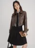 American Vintage Sweet Girl Style Coffee Color Womens Leather Jacket Autumn Design Sense Short Motorcycle Top 240103