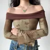 Kadın Tişörtleri Omuz Dışı T-Shirt İnce-Fit Alevlendi Uzun kollu polyester retro kısa kelebek baskı sanatsal moda gündelik moda