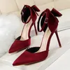 Dress Shoes 5196 Certified Korean Style Beauty Seduce With Thin High Heels Shallow Mouth Pointed Silk Hollow Back Bow And Sandals