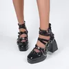 Sapatos de vestido mulheres bombas mary jane lolita gótico robusto plataforma de salto alto senhora sandálias feminino rebite cruz amarrado cosplay preto