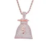 Iced Out CZ Bling Dollar Sign Money Bag Pendant Necklace Mens Micro Pave Cubic Zirconia Gold Silver Rose Gold Necklace3013638