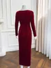 Casual Dresses YIGELILA Women Wine Red Velvet Long Dress Elegant Square Collar Hollow Out Empire Solid Party Straight Ankle-length 67820