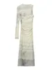 Casual Dresses Women Fashion Printed Tulle Semi-sheer Dress Vintage Asymmetrical One Long Sleeve Back Zipper Female Summer Streetwear