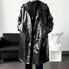 Men's Trench Coats 2024 Fashion Spring Bright Windbreaker Coat Medium Long Single Breasted With Hat Sleeve Male Jackets