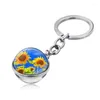 Porte-clés WG 1pc mode motif de tournesol temps pierre précieuse cabochon porte-clés pendentif boule de verre porte-clés en métal cadeau créatif