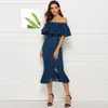 Party Dresses Okayoasis Sexiga kvinnor Slash Neck Ruffles Bodycon Denim Casual Dress Elegant Jeans Maxi