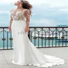Illusion Top Lace Boho Bröllopsklänning med långärmad elegant sjöjungfru Civil Bohemian Bride Dress Summer Beach Country Brudklänningar svep Train Satin Mariage