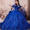 ネイビーブルーの光沢のある恋人Quinceaneraドレスケープスウィート16ガウン3DフラワービーズQuinceanera Vestidos de 15