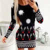 Casual Dresses Fall For Women 2024 Women's Long Sleeve Round Neck Christmas Snowflake Pattern Print Party Dress Black