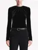 Bluzki damskie plisowane O-Neck Black Velet Blouse Top 2024 Ladies Long Rleeve Slim Fit Koszula