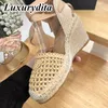 High Quality Designer Womens woven strappy Sandals Fashion Design Ankle Casual Pumps Muller Shoes Luxury Trend High Heels Office Girl triangle heel YMPR 0020