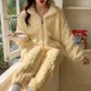 Damen Nachtwäsche 2024 Herbst Winter Jacquard Fleece Loungewear Strickjacke Hoher Kragen Korallen Pyjama Warme Homewear Set