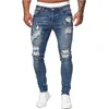 Jeans masculinos casual stretch angustiado elegante e personalizado perfurado slim fit motocicleta pantalones