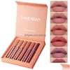 Zestawy do makijażu 6pc/zestaw Handaiyan Veet Matte Lip Gloss Purple Red Earth Nude Pigment Długo wodoodporny płynny krem ​​kremowy Dhoplop