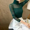 Koszule damskie seksowne siatkę o wysokiej szyi koszulę z długim rękawem kobiety s-2xl rozmiary zielone czarne szczupłe topy samice bluzki bluzki sheer koszulki