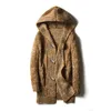 Cardigan mi-long à capuche pour hommes, pull épais, bouton en corne, grand manteau tricoté décontracté, 240103
