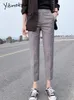 Yitimoky Pant Office Ladies Grey Suit Straight Cargo AnkleLength Pants Summer Korean Vintage High Waist Clothing 240104