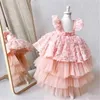 Платья для девочек Румяно-розовое платье с 3D розой и аппликацией с рюшами на рукавах и цветком Маленькая принцесса Платье для дня рождения для первого причастия