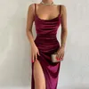 Vestido de camurça com costas abertas, gola alta, cintura alta, slim, cor sólida, dividido, S M L