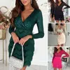 Casual Dresses Women Dress Low-Cut V Neck Mante Tight Midje Slim Fit Långärmlig blank paljett Faux Fur Prom Party Lady Mini