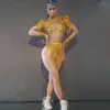 Scenkläder guld och silver lysande kristall strass Tassel sexiga jumpsuits för kvinnor nattklubb DJ -kläder utför kostymer