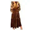 Robes décontractées taille élastique robe de velours patchwork a-ligne midi avec manches longues col en V pour femmes doux chaud couleur unie mi-mollet