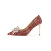 Sapatos de vestido tamanho 32-43 chinês cristal vermelho salto fino boca rasa casamento mulheres 8cm saltos altos 2024