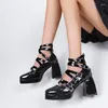 Sapatos de vestido mulheres bombas mary jane lolita gótico robusto plataforma de salto alto senhora sandálias feminino rebite cruz amarrado cosplay preto