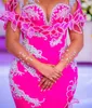 Fuchsia plus size aso ebi prom klänningar sjöjungfru illusion långa ärmar strass formella kvällsklänningar för afrikanska svarta kvinnor födelsedagsfest klänning pageant nl307