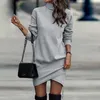 Women Solid High Neck Mini Sweater Dress Winter Casual Long Sleeve Pullover Dress Fashion Autumn Hip Wrap Irregular Pencil Dress 240103