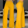 Pantalon droit d'été à jambes larges pour femmes, Long ajouré, taille haute, couleur unie, évasé, pantalon de Yoga, de Sport et de gymnastique
