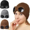 Basker elastisk stickad hatt vinter beanie huvudkläder mjuk varm vindtät med glasögon unisex bombplan för öronskydd antislip